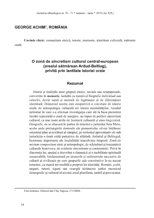 O zonă de sincretism cultural central – european (arealul sătmărean Ardud – Beltiug), privită prin lentilele istoriei orale