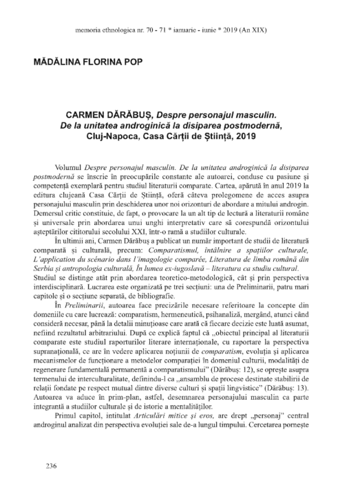 Carmen Dărăbuș, Despre personajul masculin. De la unitatea androginică la disiparea postmodernă, Cluj – Napoca, Casa Cărții de Știință, 2019