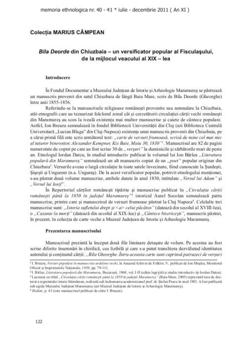 Bila Deorde din Chiuzbaia - un versificator popular al Fisculașului, de la mijlocul veacului al XIX - lea