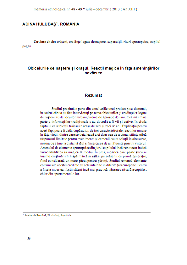 Obiceiurile de naștere și orașul. Reacții magice în fața amenințărilor nevăzute