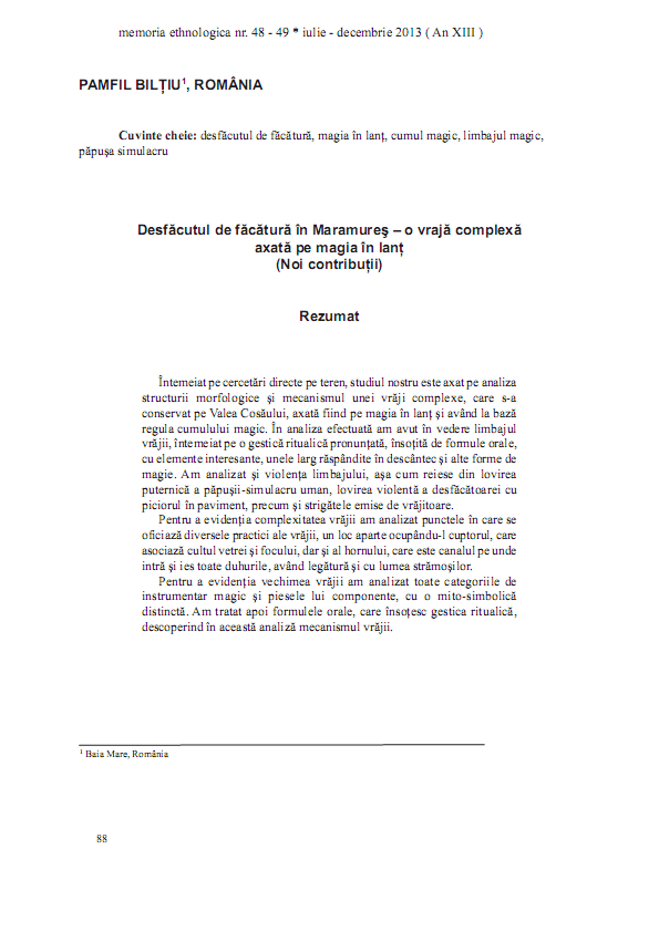 Desfăcutul de făcătură în Maramureș - o vrajă complexă axată pe magia în lanț (Noi contribuții)