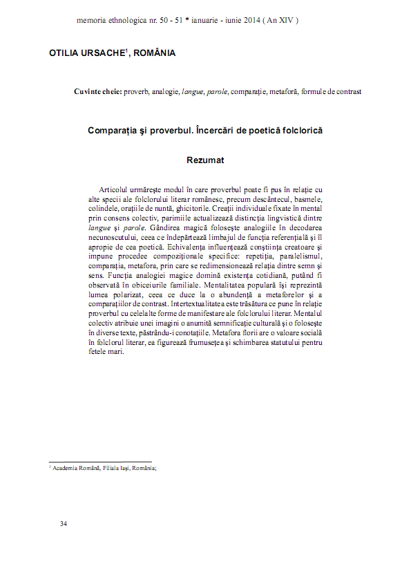 Comparația și proverbul. Încercări de poetică folclorică