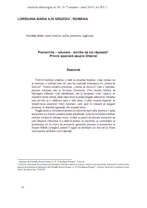 Pomenirile - aducere - aminte de cei răposați. Privire specială asupra Olteniei