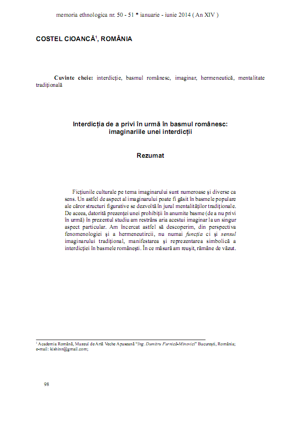 Interdicția de a privi în urmă în basmul românesc: imaginariile unei interdicții