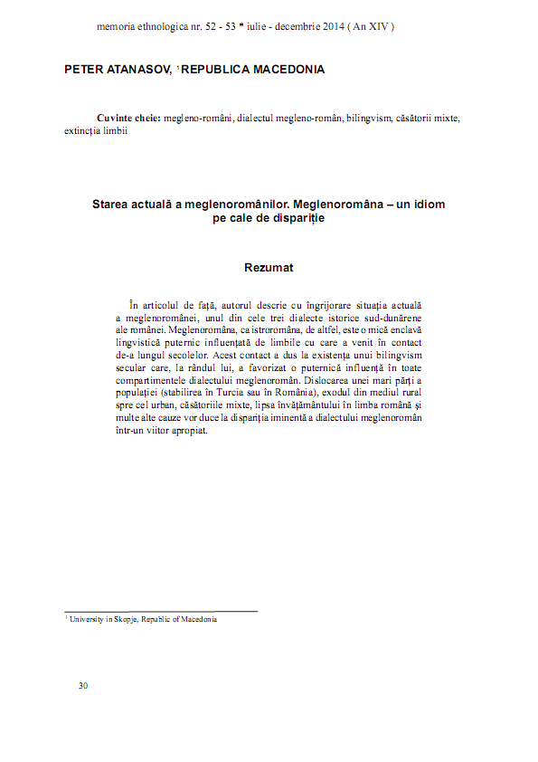 Starea actuală a meglenoromânilor. Meglenoromâna - un idiom pe cale de dispariție