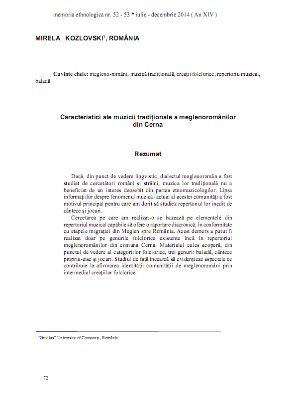 Caracteristici ale muzicii tradiționale a meglenoromânilor din Cerna