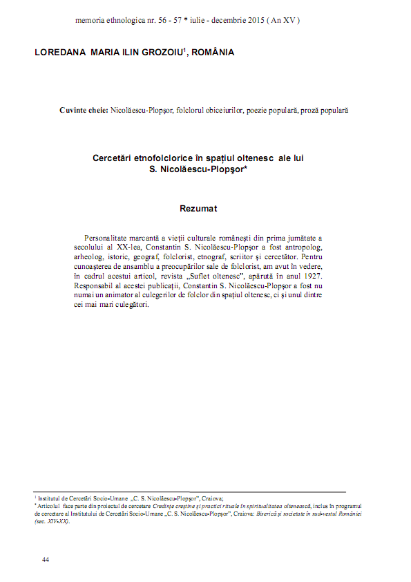 Cercetări etnofolclorice în spațiul oltenesc ale lui S. Nicolăescu-Plopșor