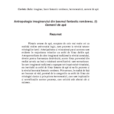Antropologia imaginarului din basmul fantastic românesc (I)